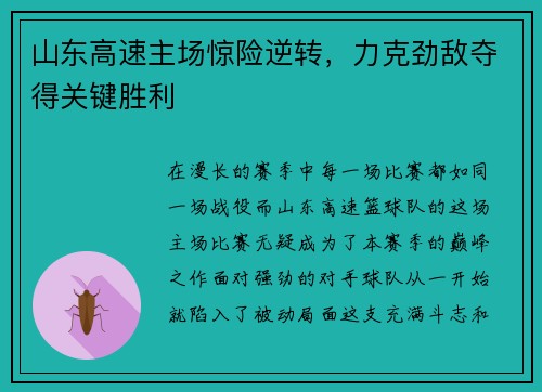 山东高速主场惊险逆转，力克劲敌夺得关键胜利