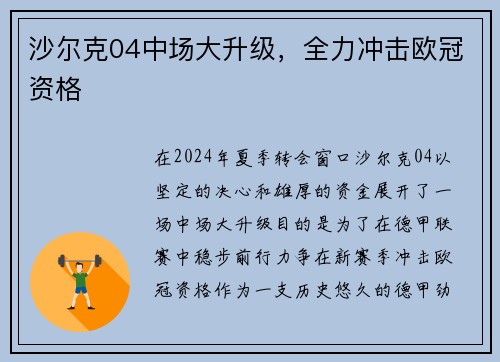 沙尔克04中场大升级，全力冲击欧冠资格
